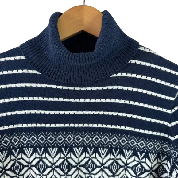 L.L.Bean Navy Fair Isle Stripe Cotton Cashmere Turtleneck Sweater Size Large - Picture 3 of 6